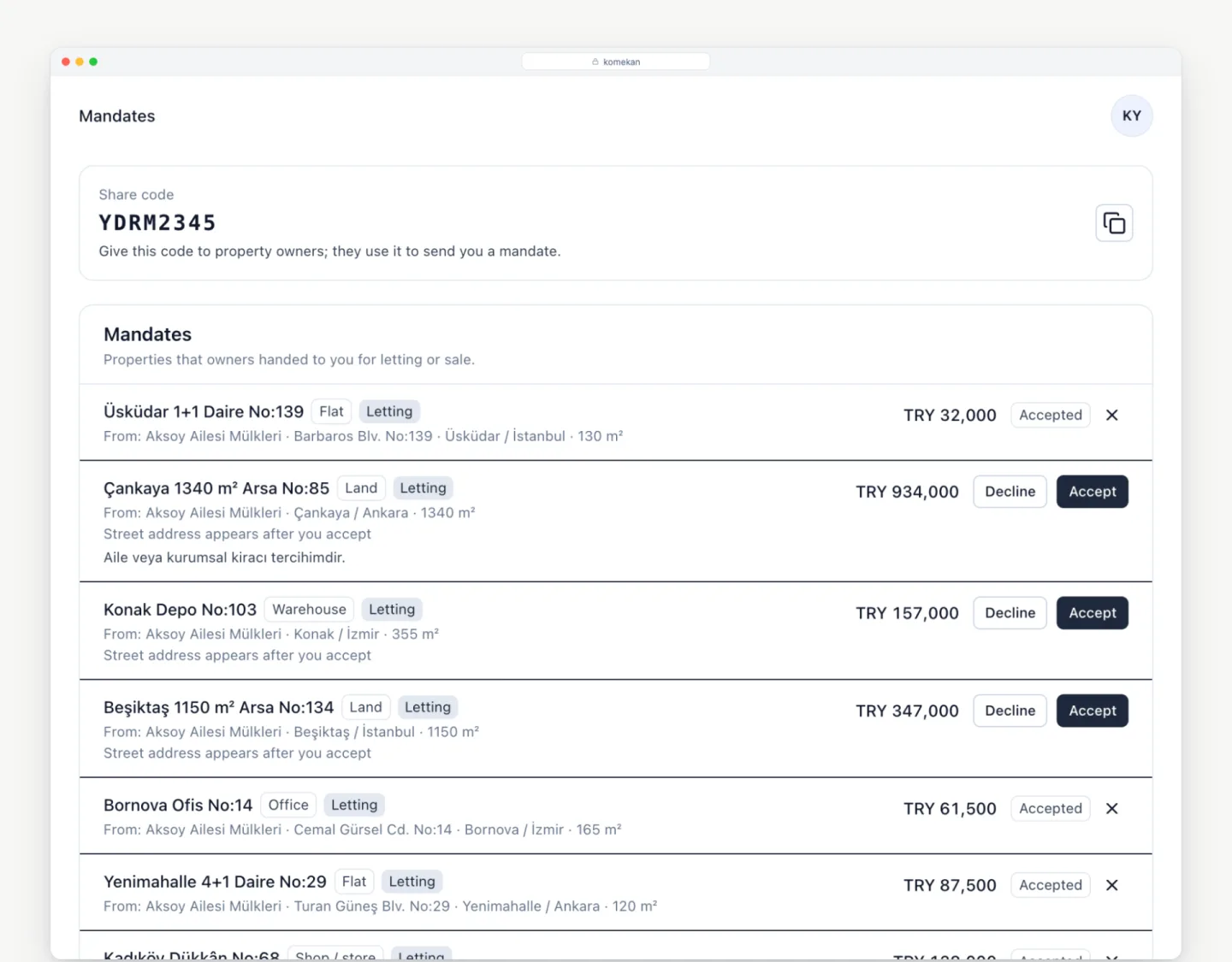 Owners send you mandates with a code.