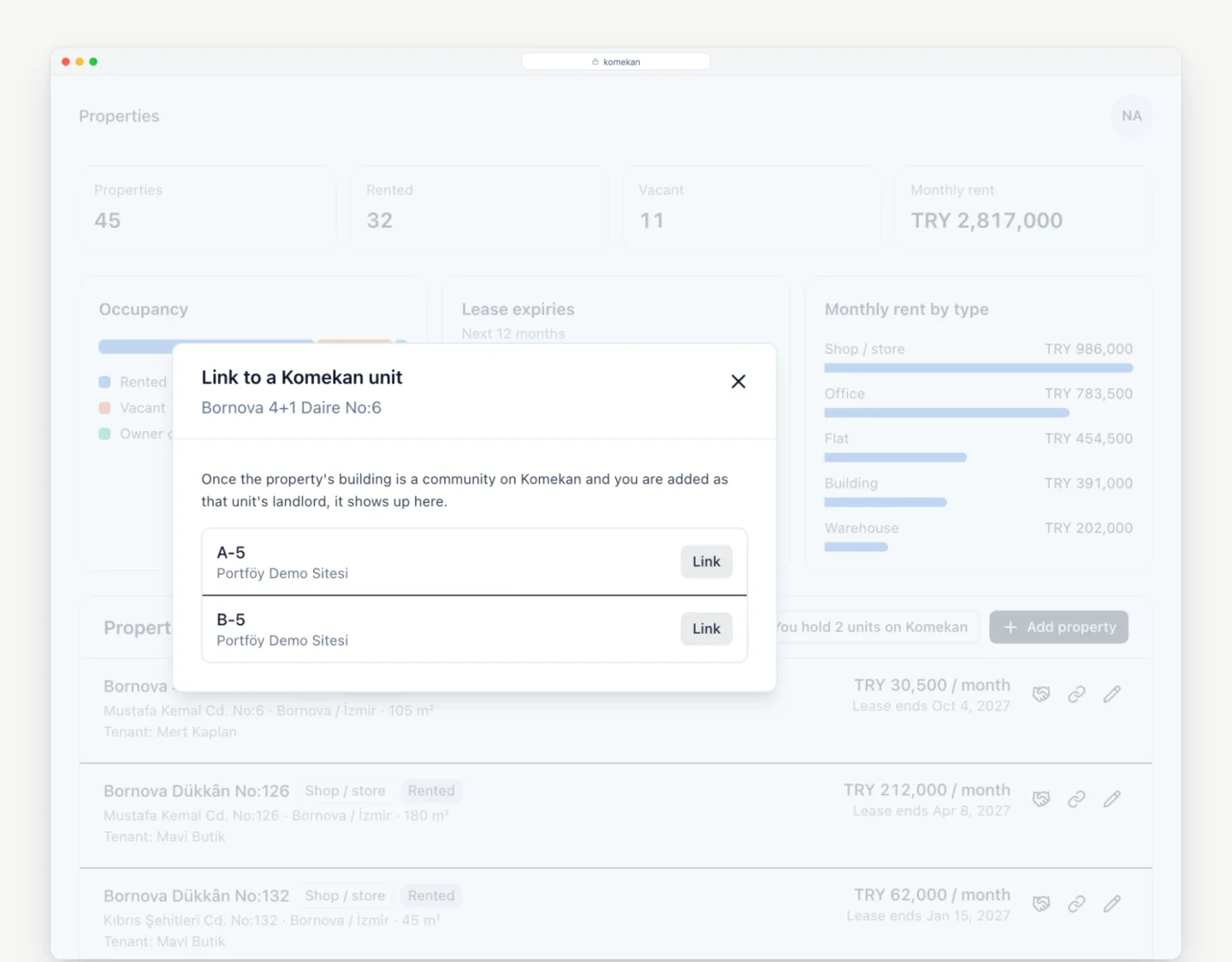 Units you hold on Komekan link into the portfolio